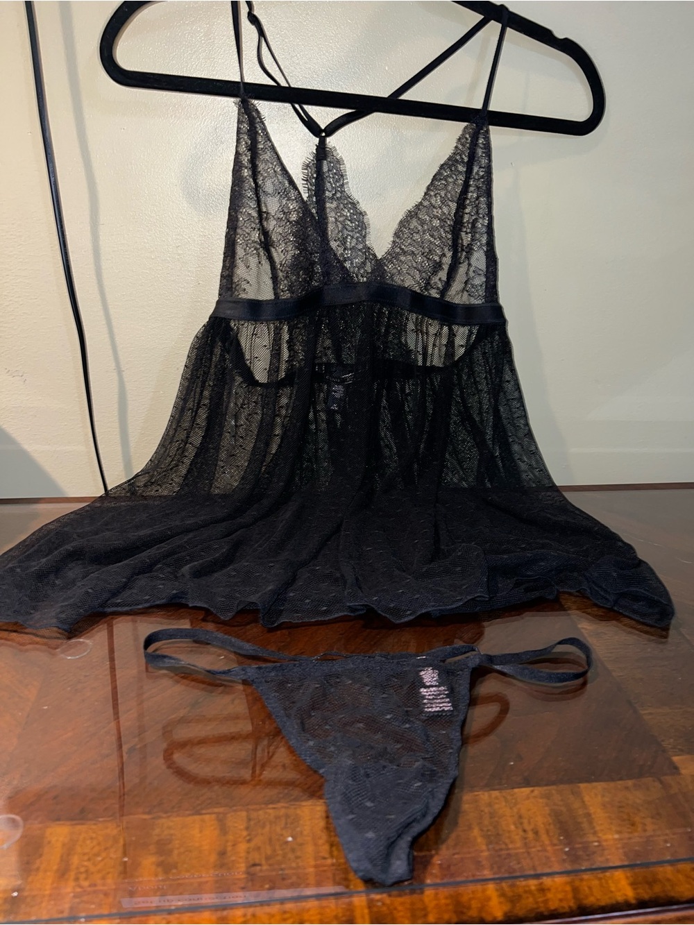 Victoria's Secret Black Lace Sheer Babydoll with Thong